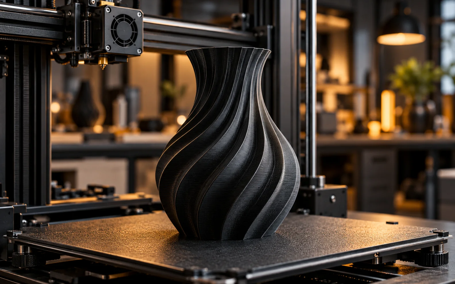 Чёрный 3D-печатный объект на рабочем столе